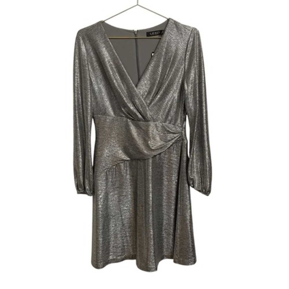 Lauren Ralph Lauren Silver Metallic Long Sleeve Surplice Faux Wrap Dress